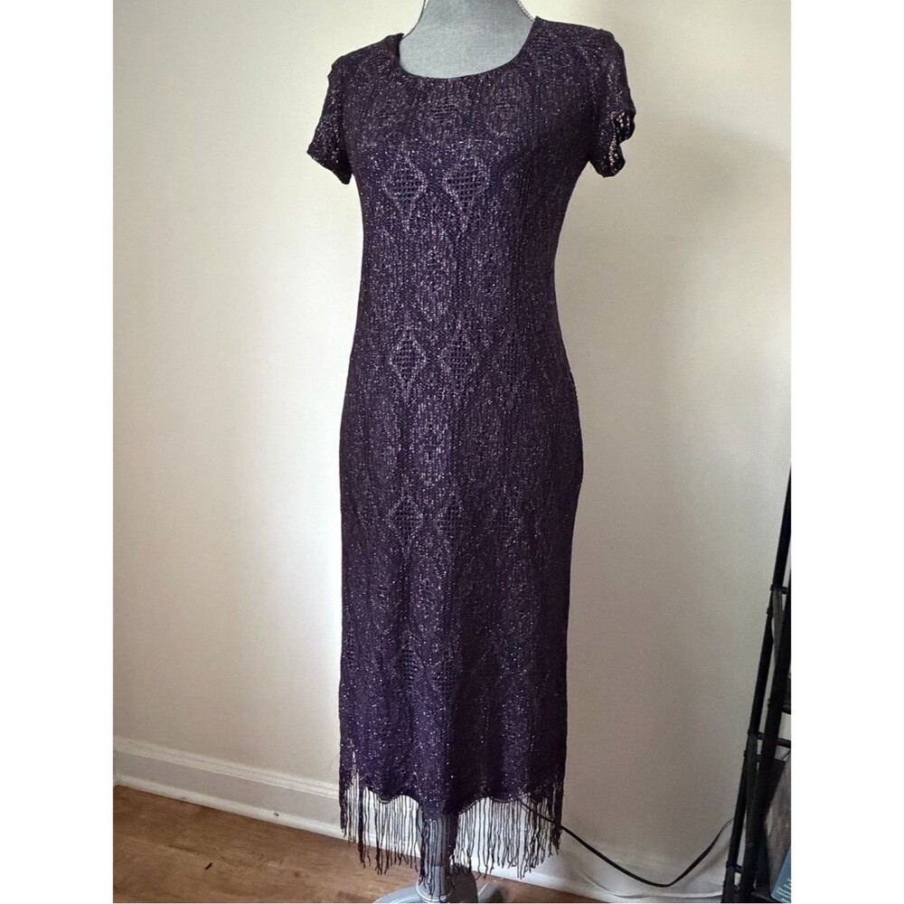 Vintage Elegant Purple Shimmer Crochet Short-Sleeve Fringe Midi Dress